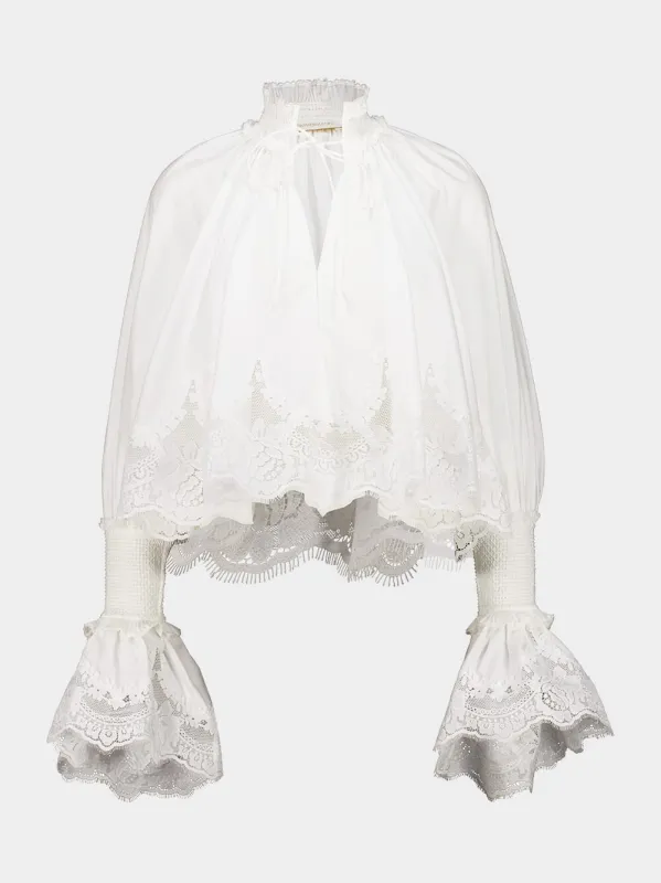 Ivory Lace Trim Shirred Blouse made by Zimmermann