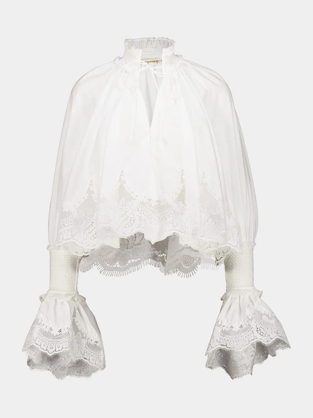 Ivory Lace Trim Shirred Blouse sold by Fashion Clinic