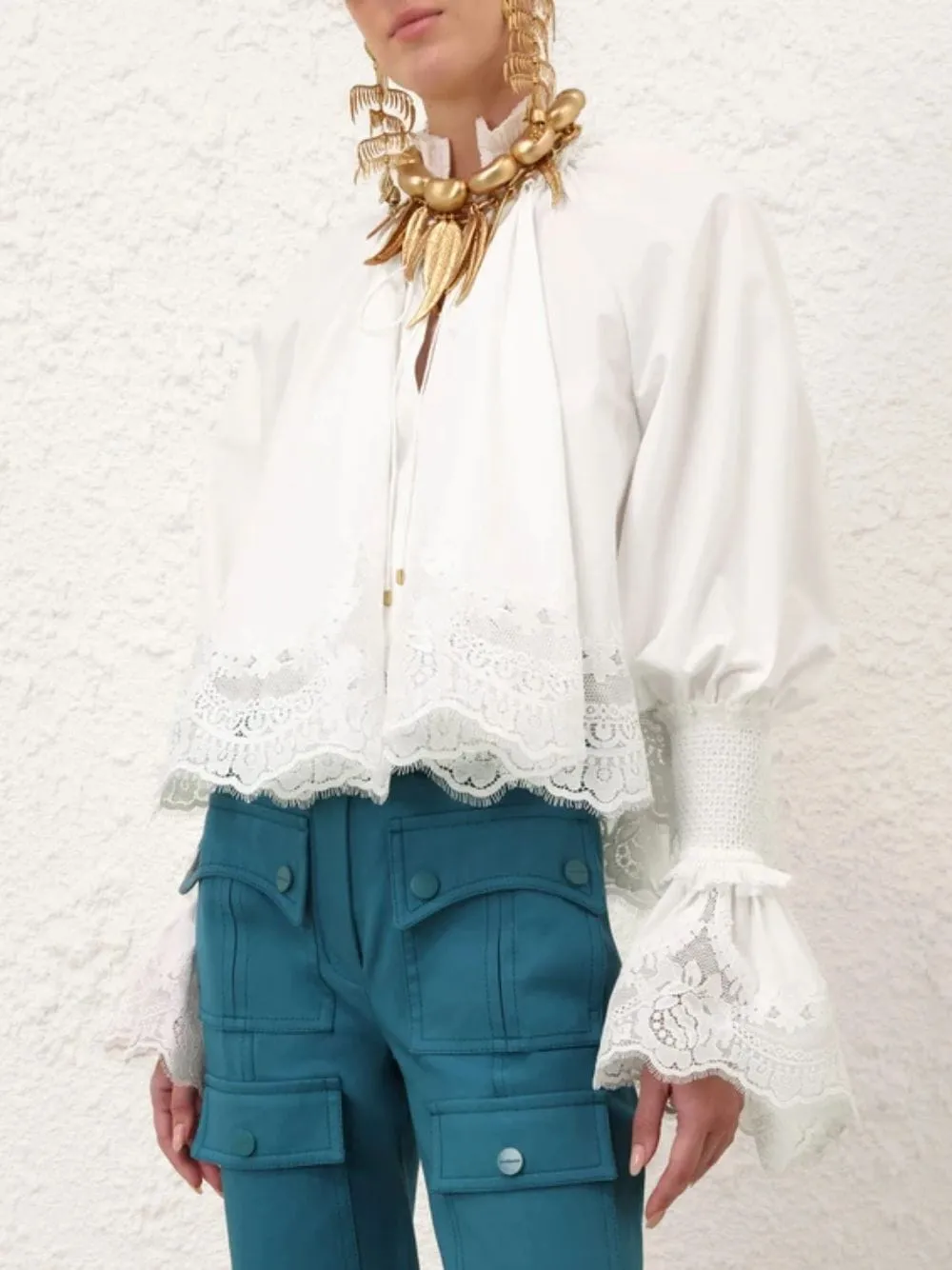 Ivory Lace Trim Shirred Blouse sold by Fashion Clinic product image thumbnail 2