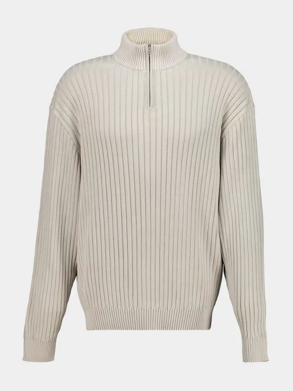 Light Grey Ribbed Zip-Neck Jumper made by Balenciaga