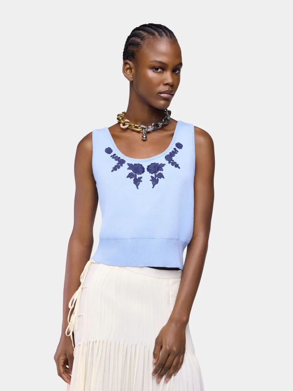 Blue Floral Embroidered Knit Tank sold by Fashion Clinic product image thumbnail 2