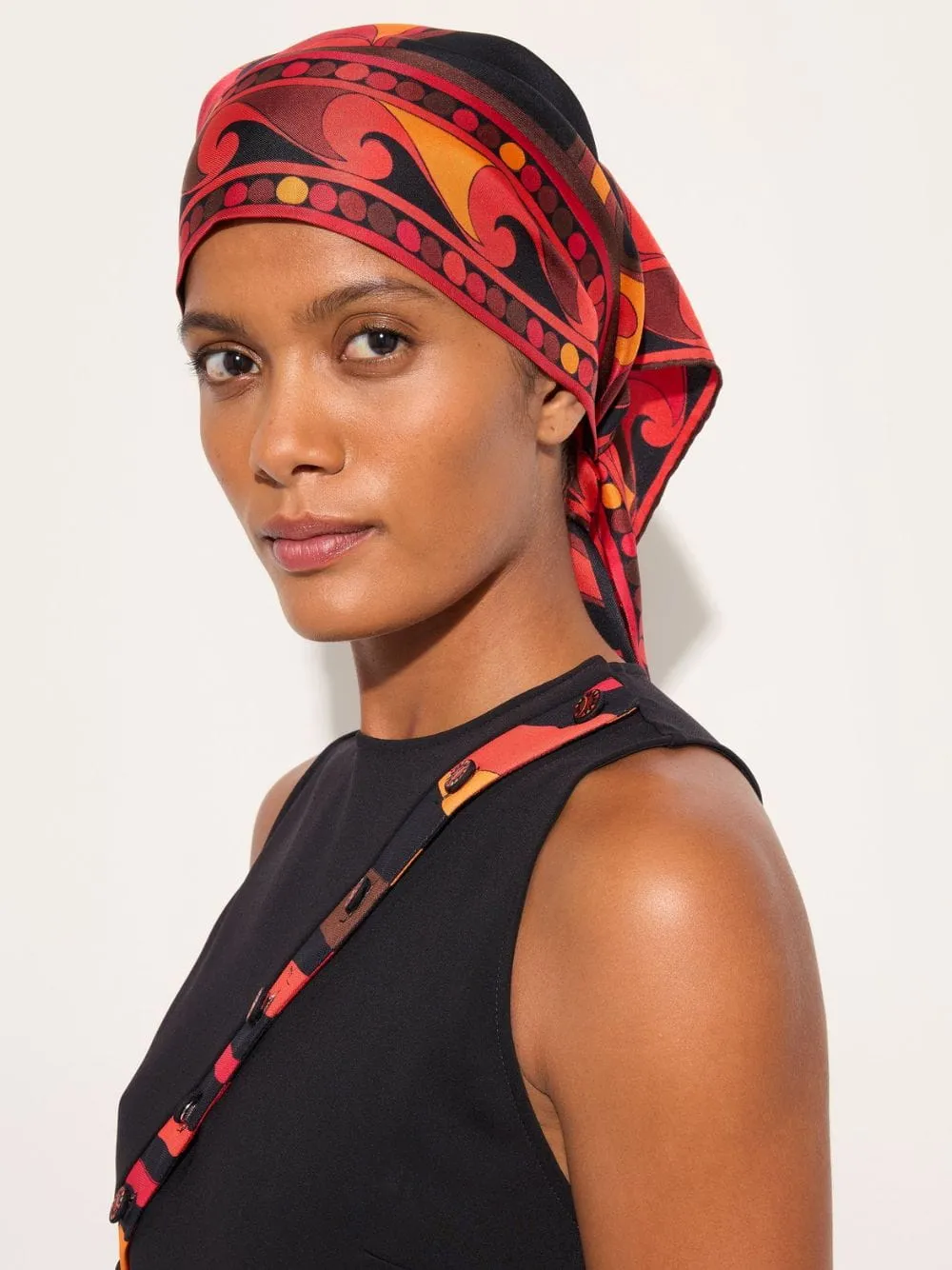 Black and Orange Orchidee Print Triangle Scarf sold by Fashion Clinic