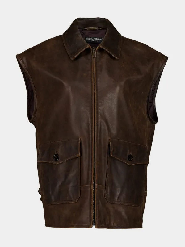 Brown Sleeveless Leather Jacket made by Dolce & Gabanna