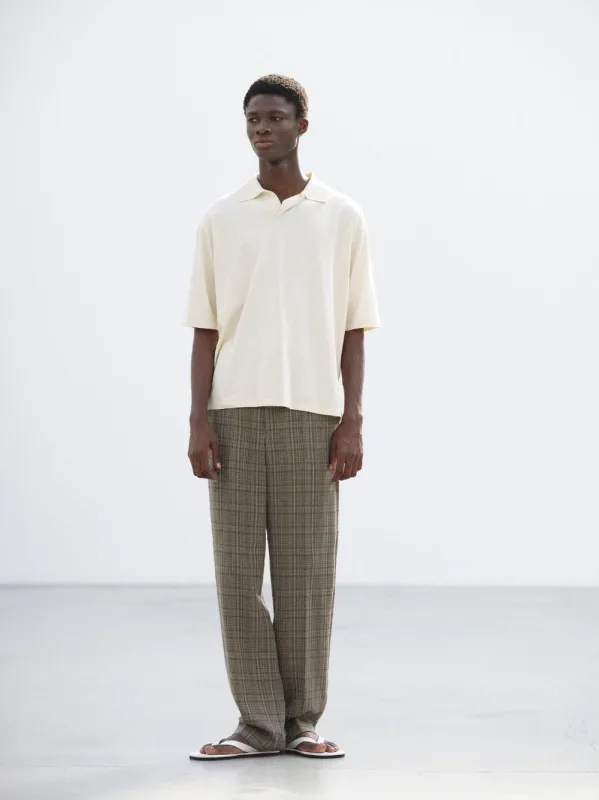 Dark Brown Check Silk Linen Trousers made by Auralee