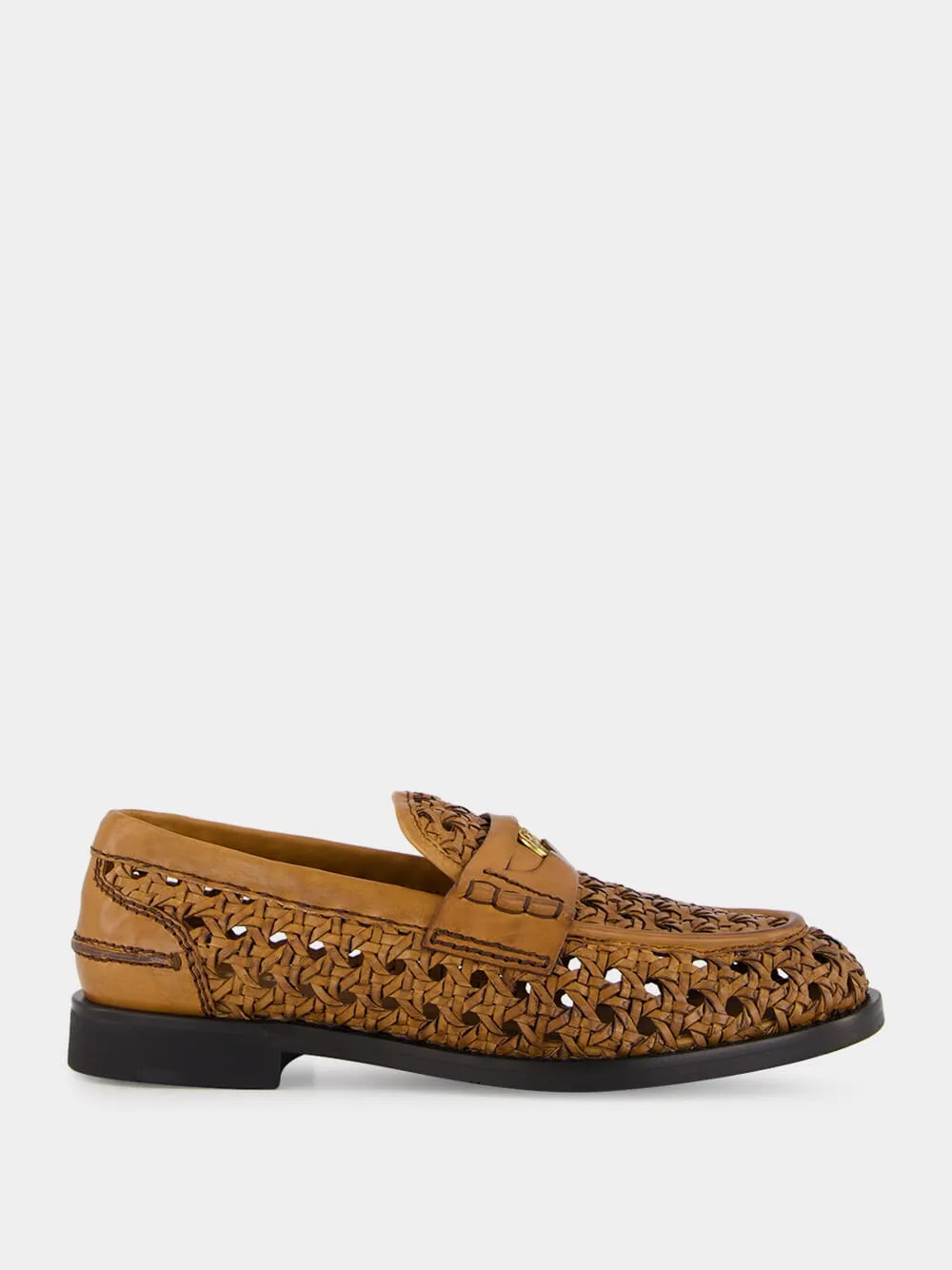 Cognac Woven Leather Penny Loafers sold by Fashion Clinic