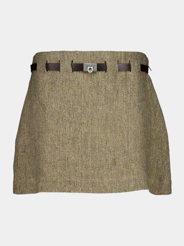 Beige Linen Mini Skirt with Gancini Belt made by Salvatore Ferragamo