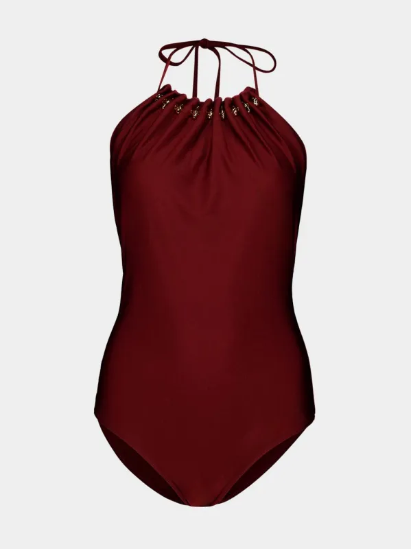Merlot Aster Gathered Bead Swimsuit made by Zimmermann