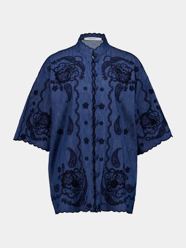 Railway Blue Aster Embroidered Denim Shirt made by Zimmermann