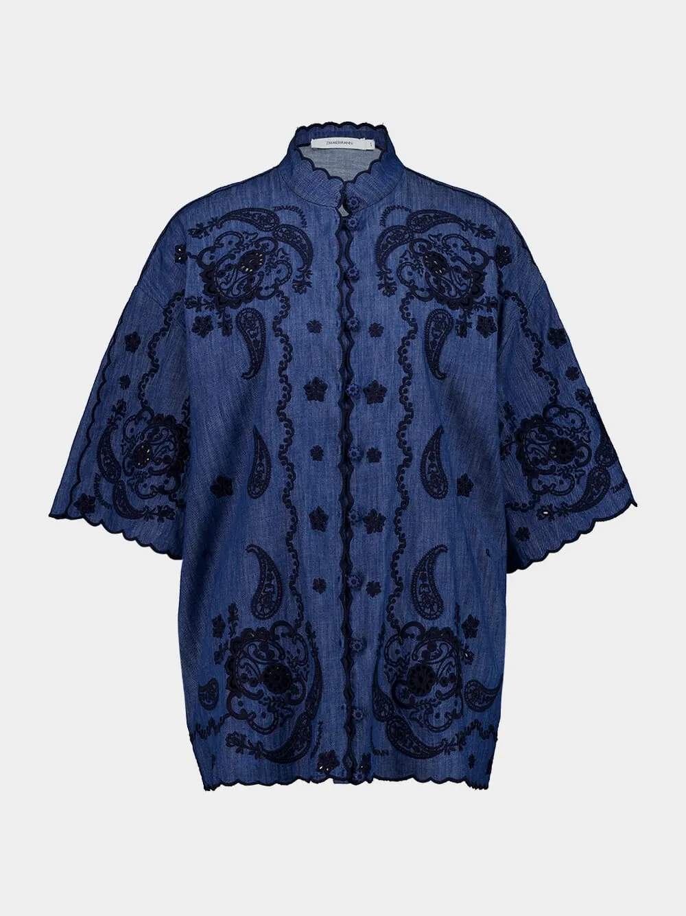 Railway Blue Aster Embroidered Denim Shirt sold by Fashion Clinic