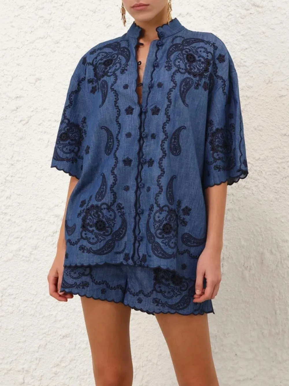 Railway Blue Aster Embroidered Denim Shirt sold by Fashion Clinic product image thumbnail 2