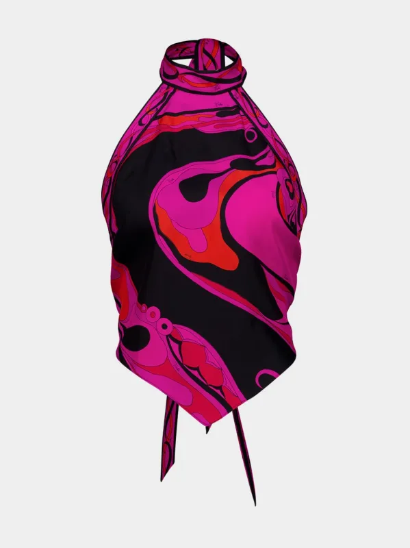Fuchsia and Black Orchidee Silk Halter Top made by Emilio Pucci