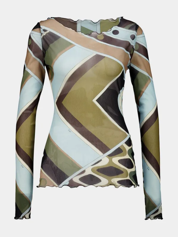 Khaki and Blue Vivara Print Tulle Top made by Emilio Pucci