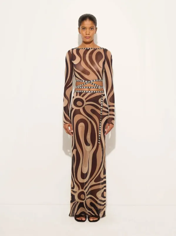 Beige and Black Marmo Tulle Crop Top made by Emilio Pucci