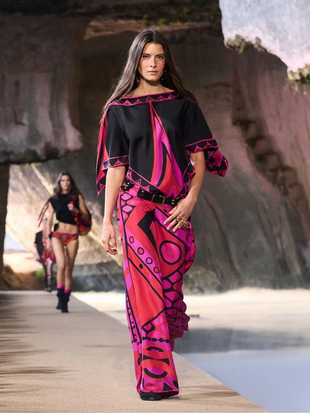 Fuchsia and Black Vivara Silk Palazzo Pants sold by Fashion Clinic