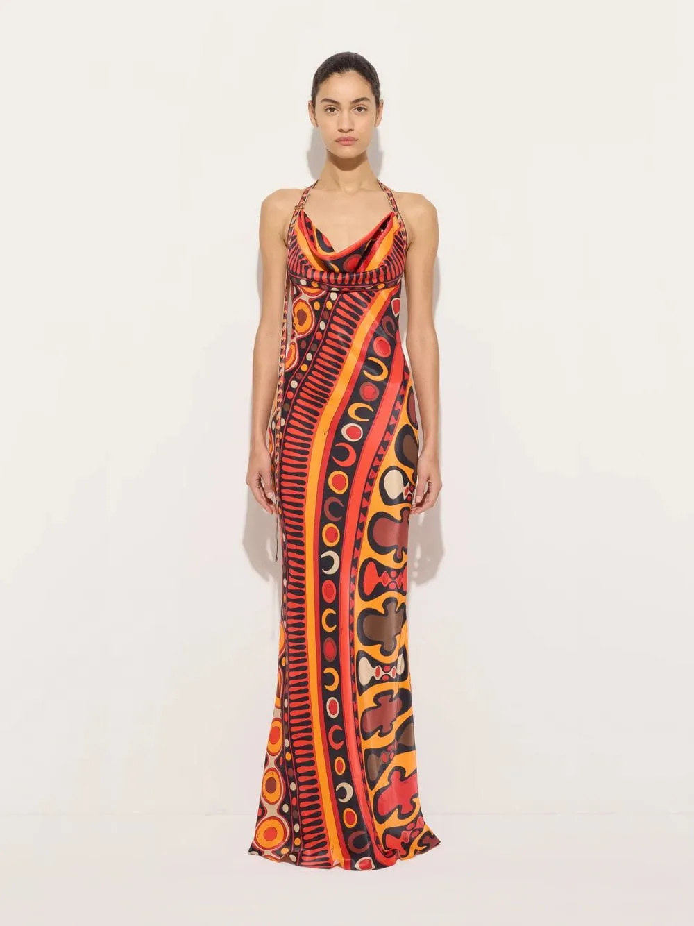 Black and Orange Soleil Print Satin Halter Maxi Dress sold by Fashion Clinic product image thumbnail 2