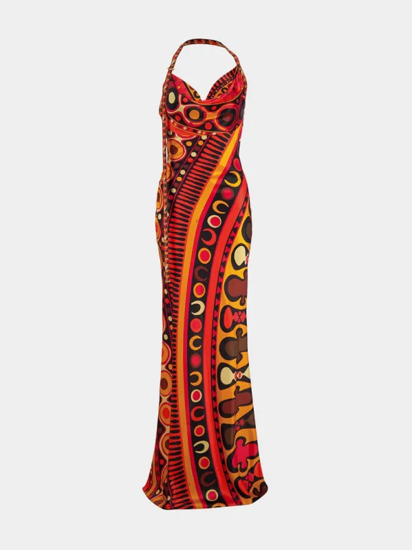 Black and Orange Soleil Print Satin Halter Maxi Dress made by Emilio Pucci