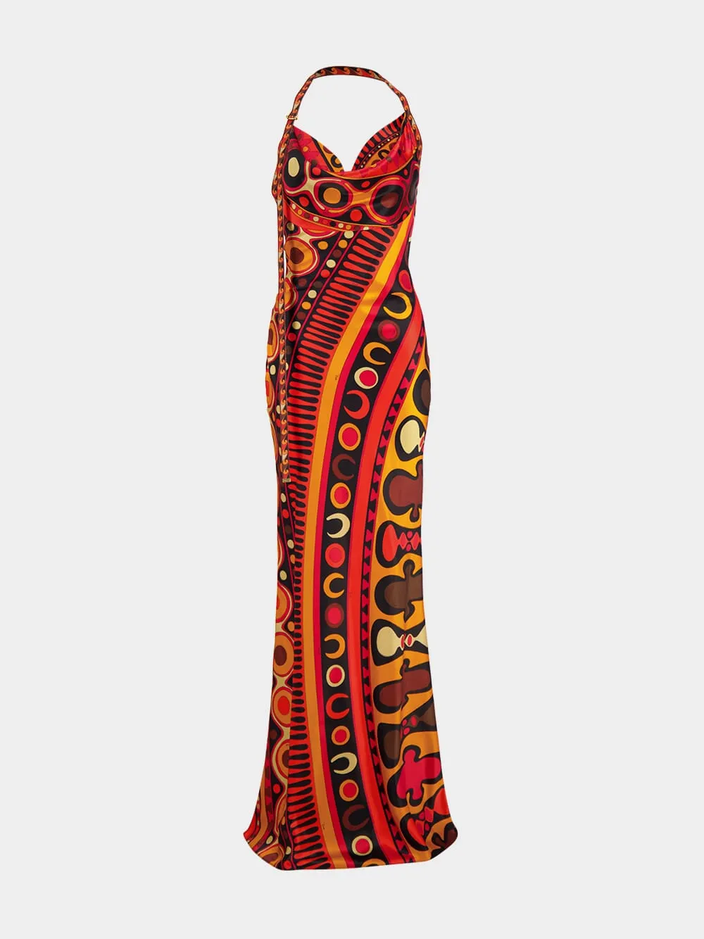 Black and Orange Soleil Print Satin Halter Maxi Dress sold by Fashion Clinic