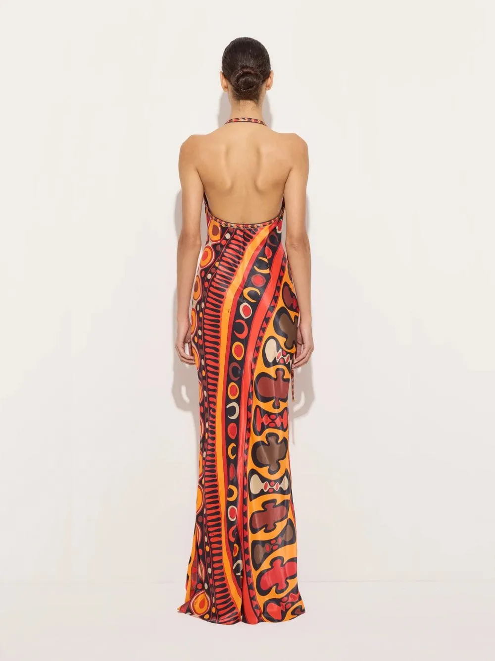 Black and Orange Soleil Print Satin Halter Maxi Dress sold by Fashion Clinic product image thumbnail 4