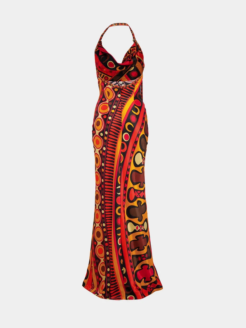 Black and Orange Soleil Print Satin Halter Maxi Dress sold by Fashion Clinic product image thumbnail 3