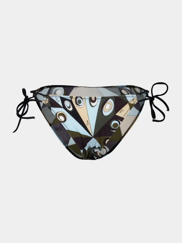 Khaki and Blue Occhi Print Adjustable Bikini Bottom made by Emilio Pucci
