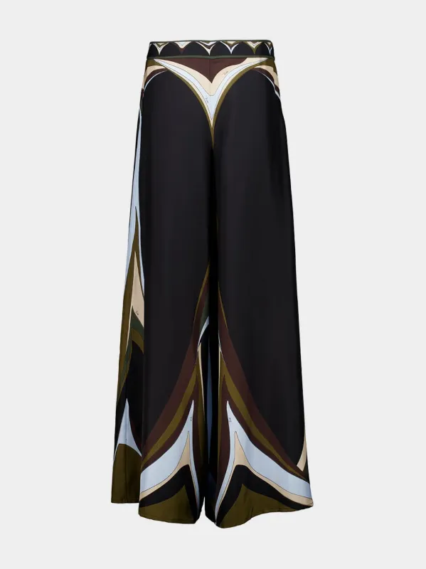 Khaki and Blue Fari Print Silk Palazzo Pants made by Emilio Pucci