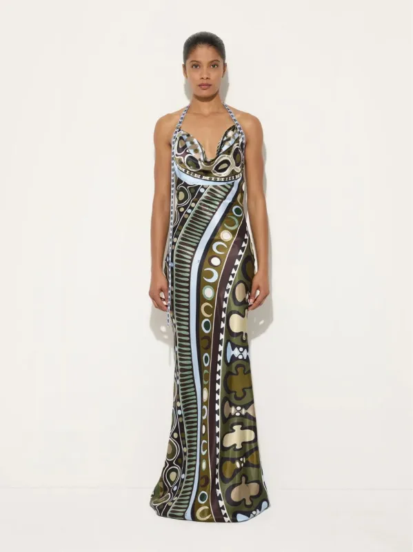 Khaki and Blue Soleil Print Satin Halter Dress made by Emilio Pucci