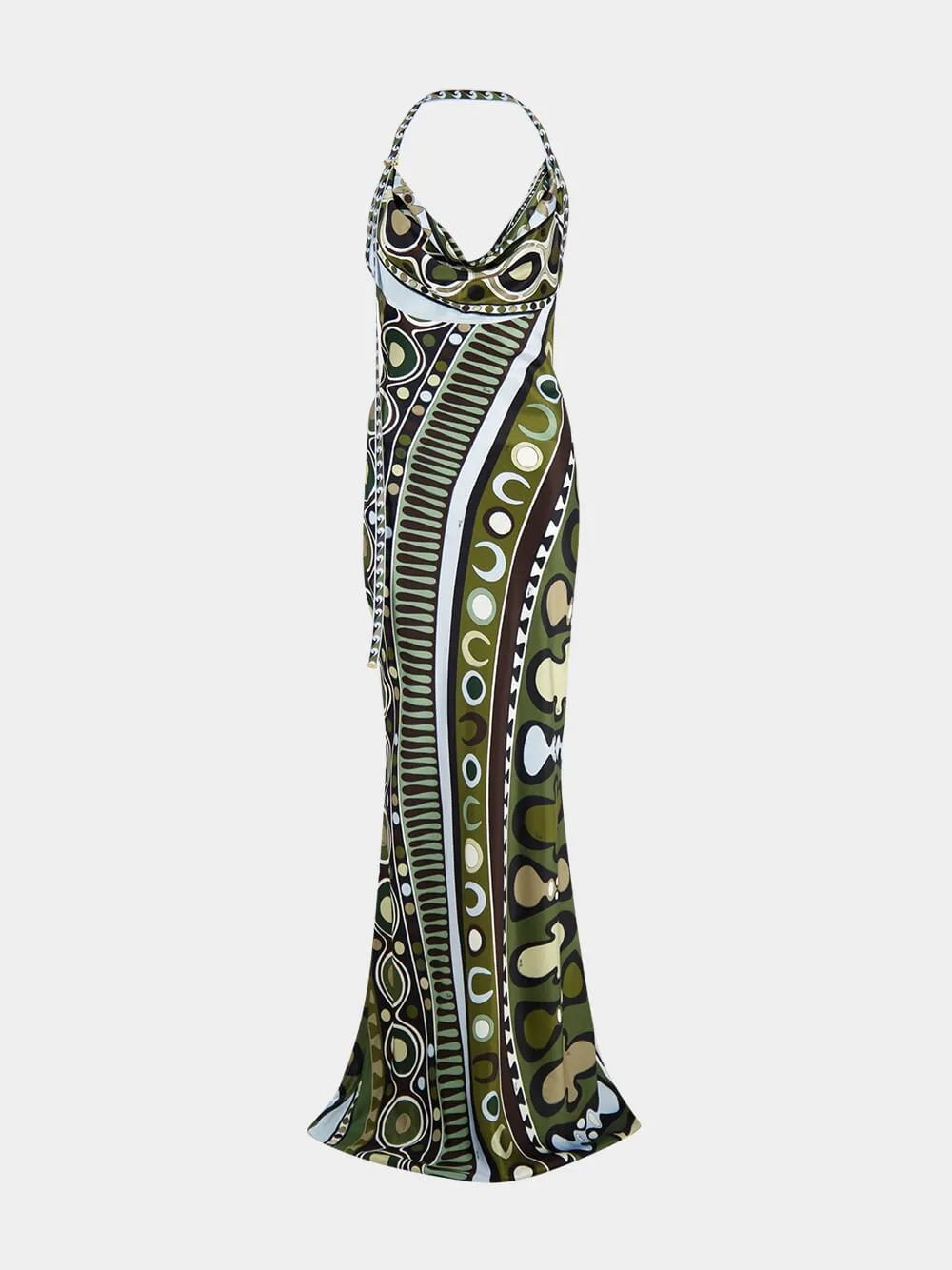 Khaki and Blue Soleil Print Satin Halter Dress sold by Fashion Clinic product image thumbnail 2