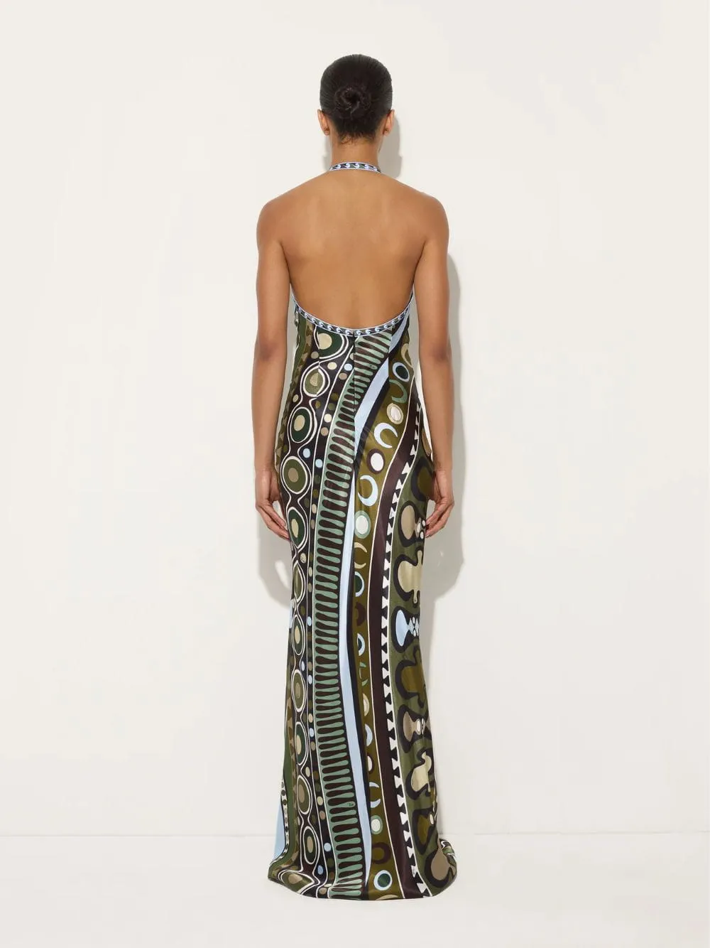 Khaki and Blue Soleil Print Satin Halter Dress sold by Fashion Clinic product image thumbnail 3