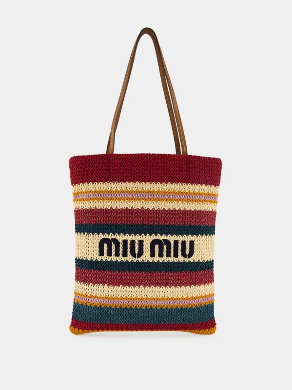 Bordeaux and Natural Raffia-Effect Woven Tote Bag made by Miu Miu