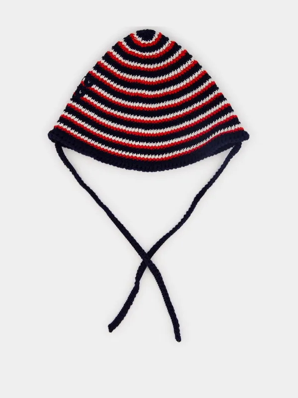 Blue and Red Striped Cotton Knit Tie Hat made by Miu Miu
