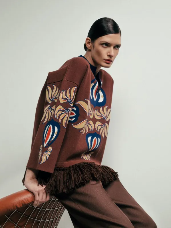 Jade Potting Soil Jacquard Sweater with Fringes made by Fashion Clinic