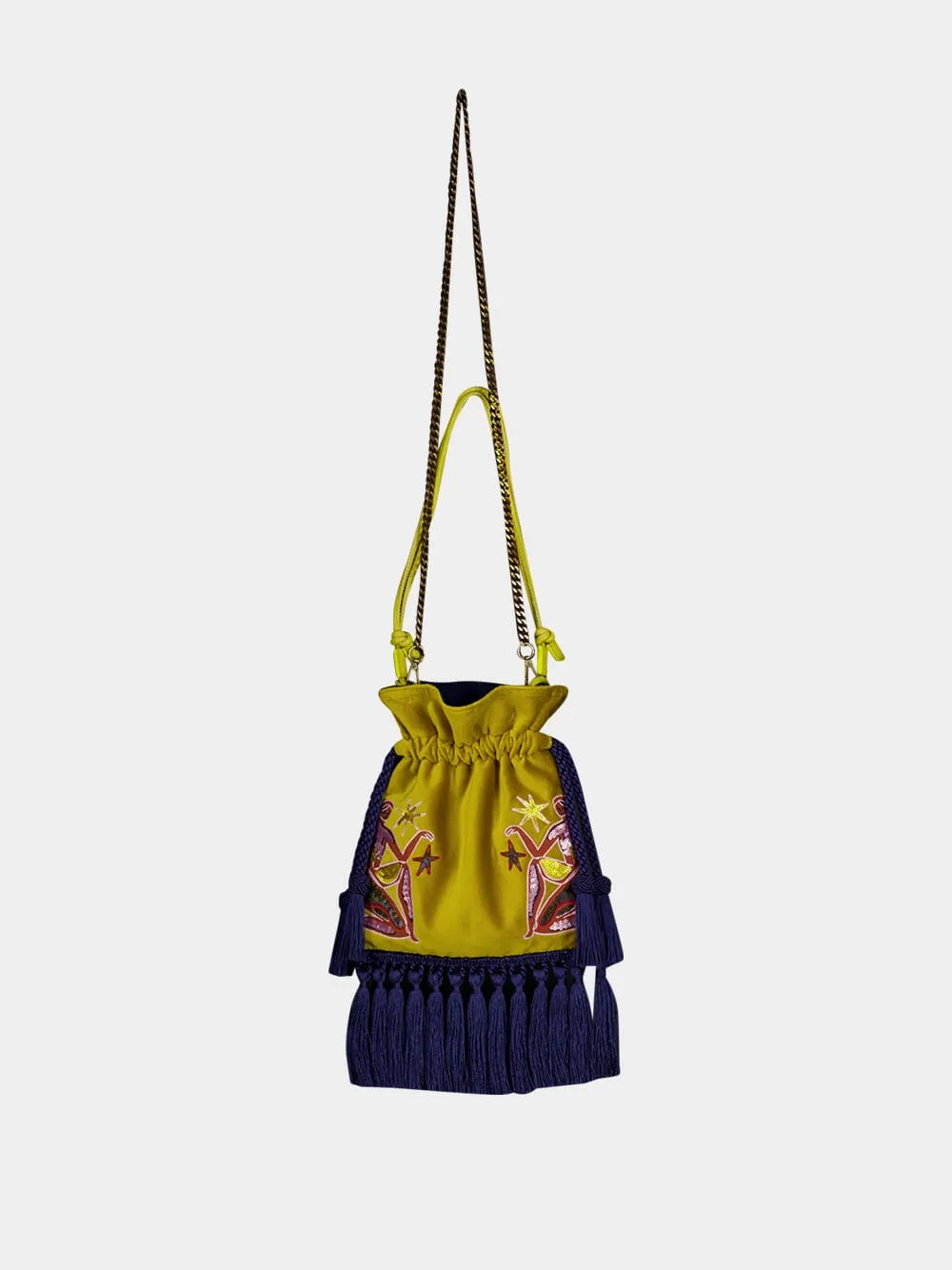 Fukuro Yellow Embroidered Velvet Bag with Tassel sold by Fashion Clinic product image thumbnail 3