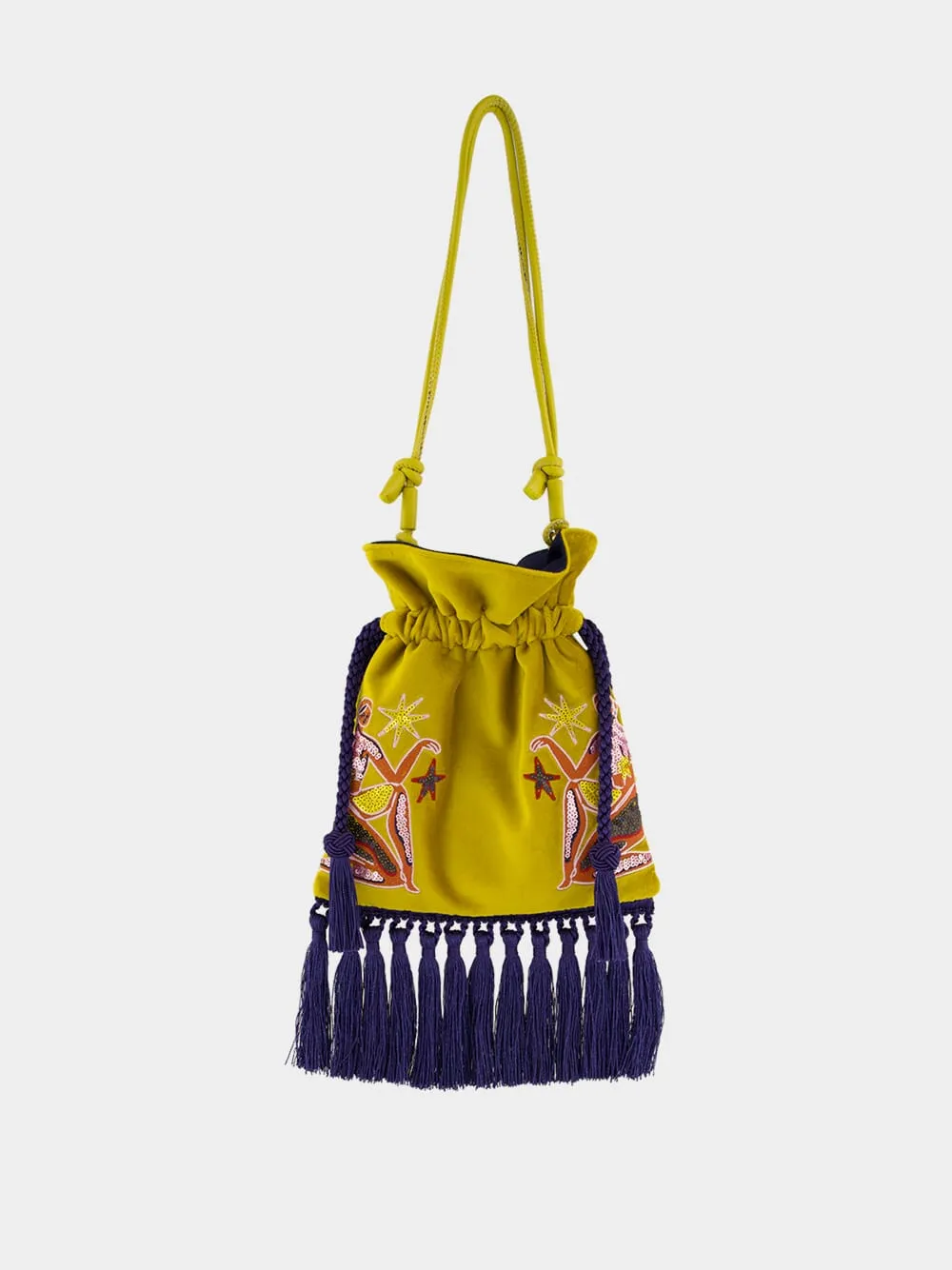 Fukuro Yellow Embroidered Velvet Bag with Tassel sold by Fashion Clinic product image thumbnail 2