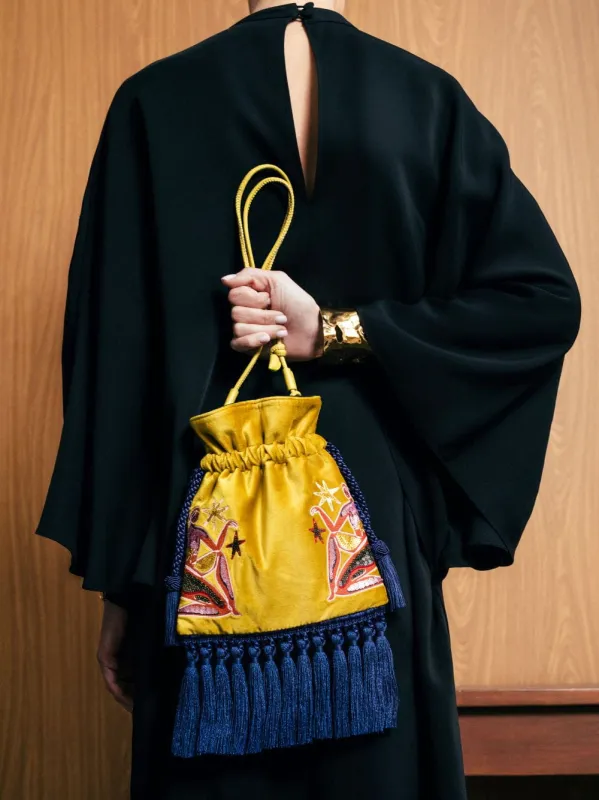 Fukuro Yellow Embroidered Velvet Bag with Tassel made by Fashion Clinic