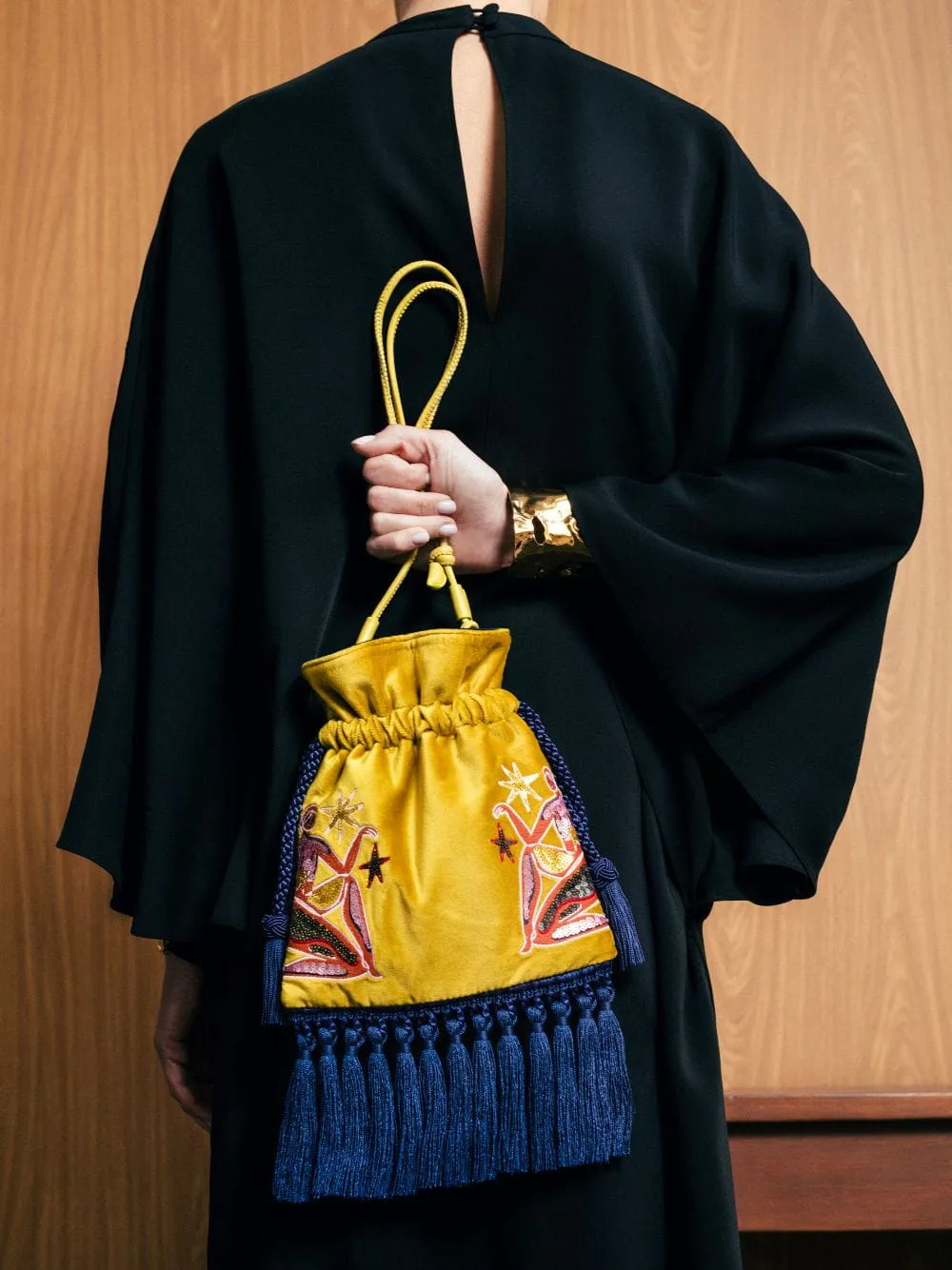 Fukuro Yellow Embroidered Velvet Bag with Tassel sold by Fashion Clinic