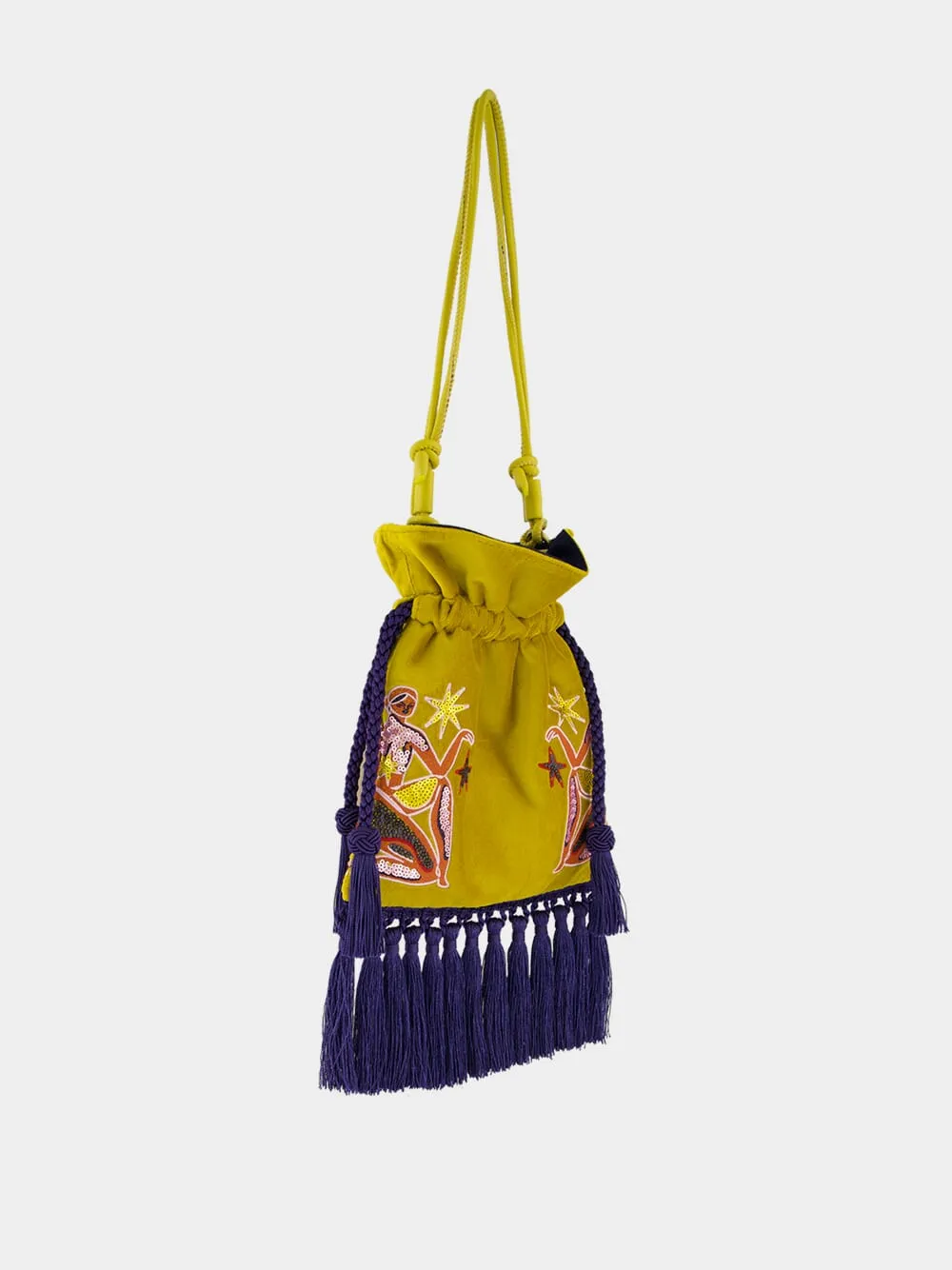 Fukuro Yellow Embroidered Velvet Bag with Tassel sold by Fashion Clinic product image thumbnail 4
