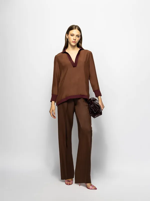 Diane Potting Soil Silk V-Neck Long-Sleeve made by Fashion Clinic