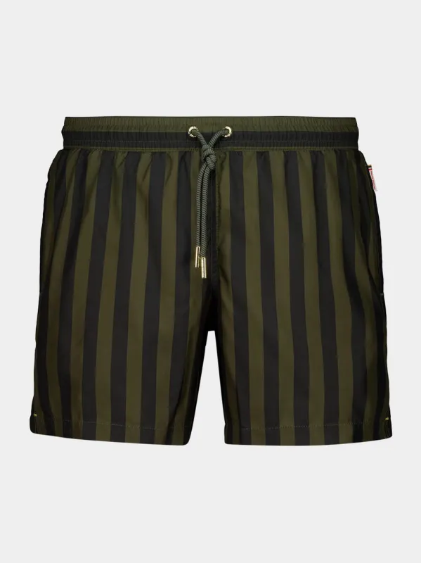 Bayleaf Green Stripe Boxer Swim Shorts made by Orlebar Brown