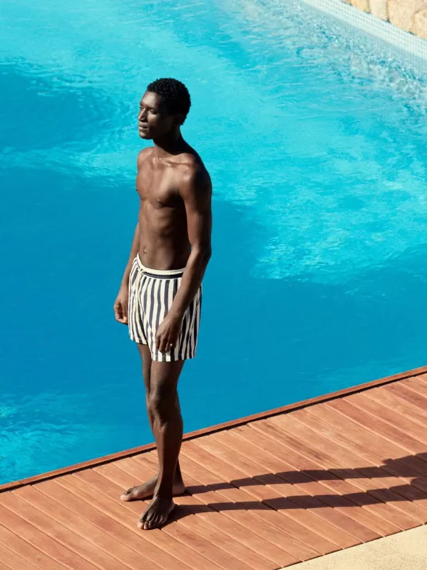 Night Iris Stripe Boxer Swim Shorts made by Orlebar Brown