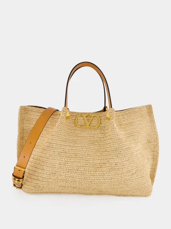 Natural and Saddle Brown Medium Straw Tote made by Valentino Garavani