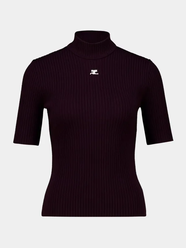 Burgundy Rib Knit Short Sleeve Sweater made by Courreges