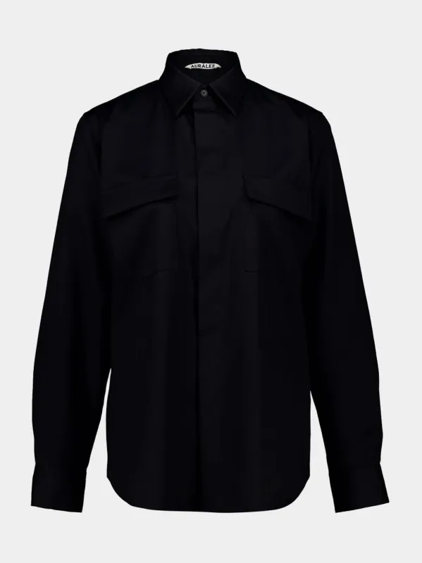 Black Wool Herringbone Overshirt made by Auralee
