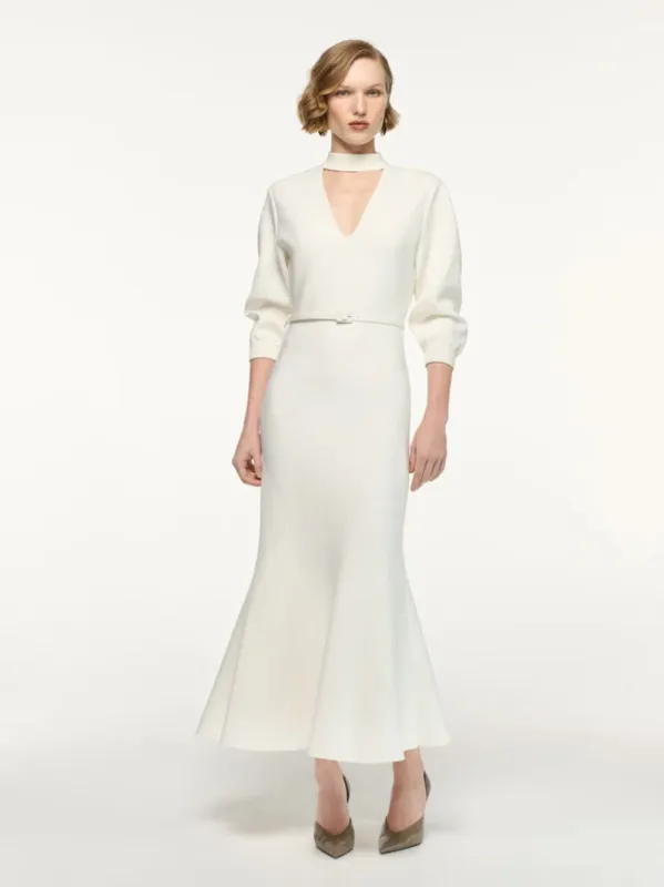 Cream Belted Blouson Knit Midi Dress made by Roland Mouret