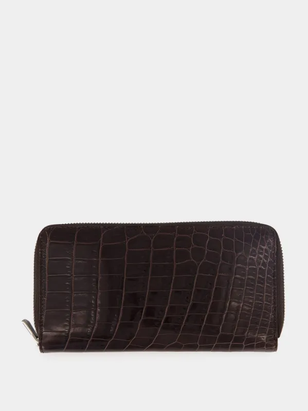 Ebony Brown Crocodile Leather Zip Wallet made by Dolce & Gabanna