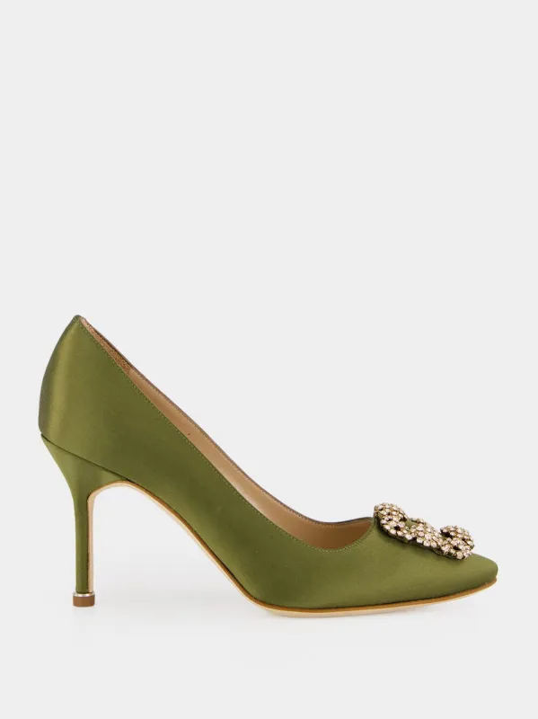 Olive Hangisi 90 Satin Jewel Pumps made by Manolo Blahnik