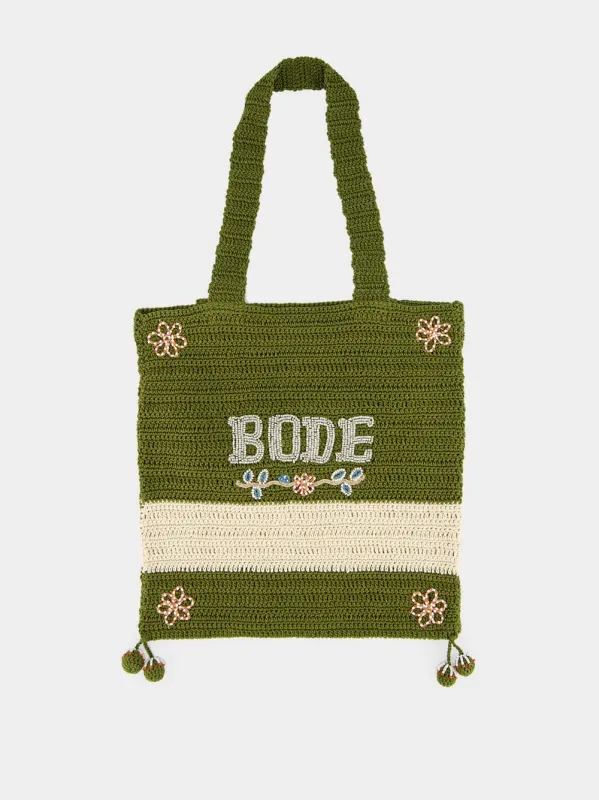 Green and Cream Marsh Crochet Tote Bag made by BODE