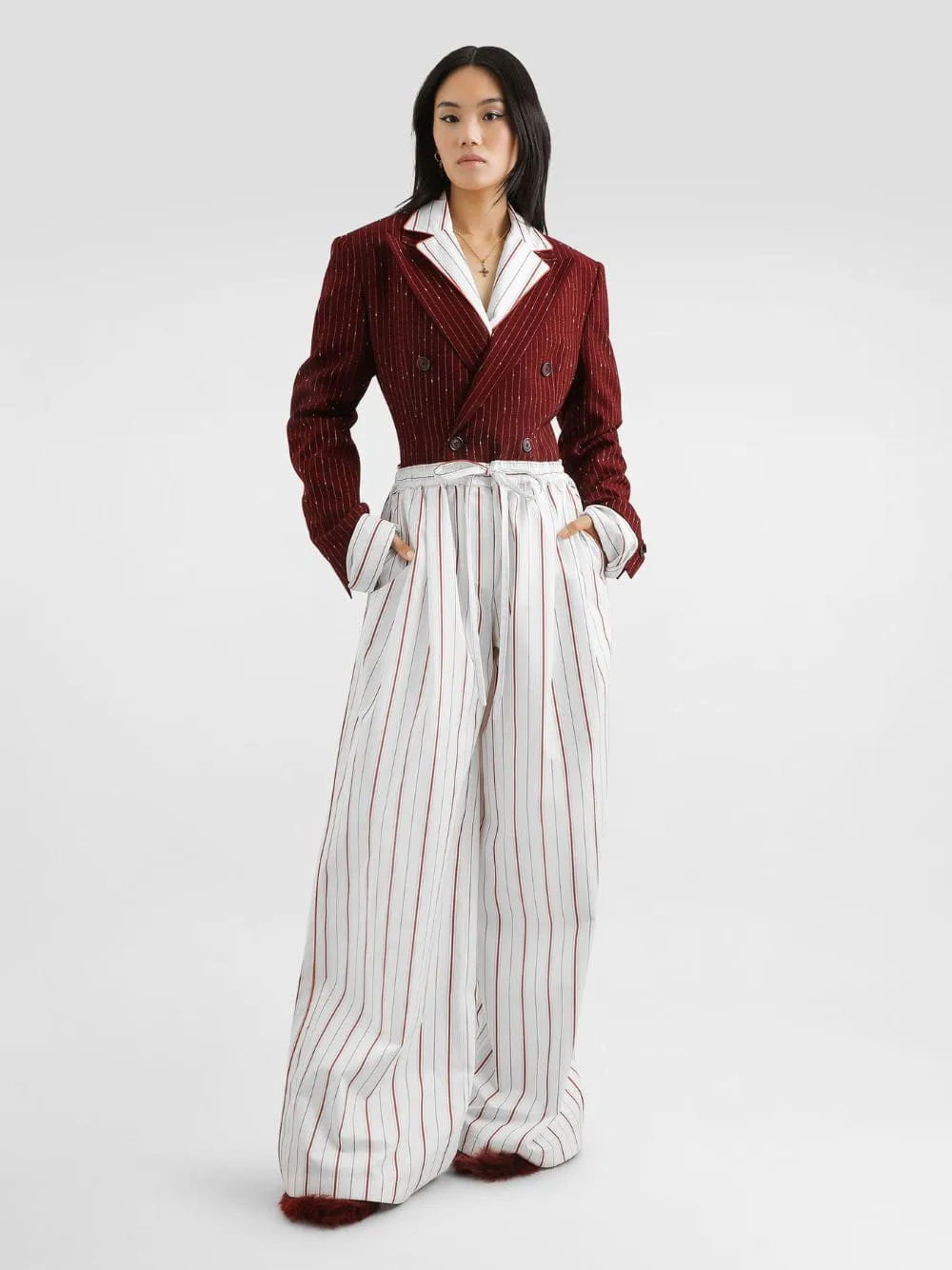 Red Striped Poplin Wide-Leg Trousers sold by Fashion Clinic