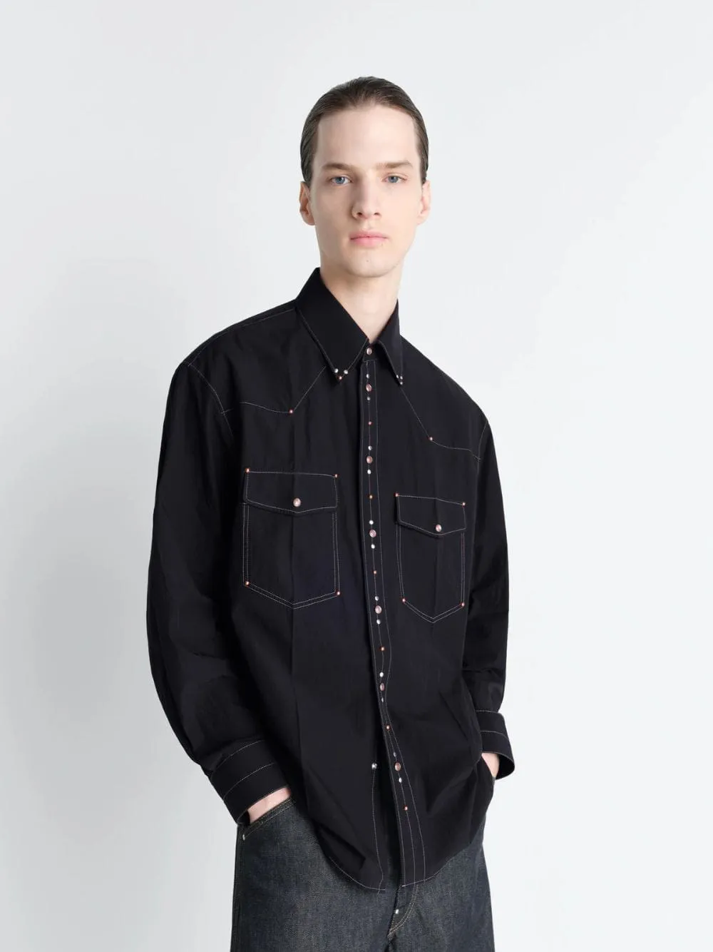 Black Crepe Cotton Studded Shirt sold by Fashion Clinic product image thumbnail 2
