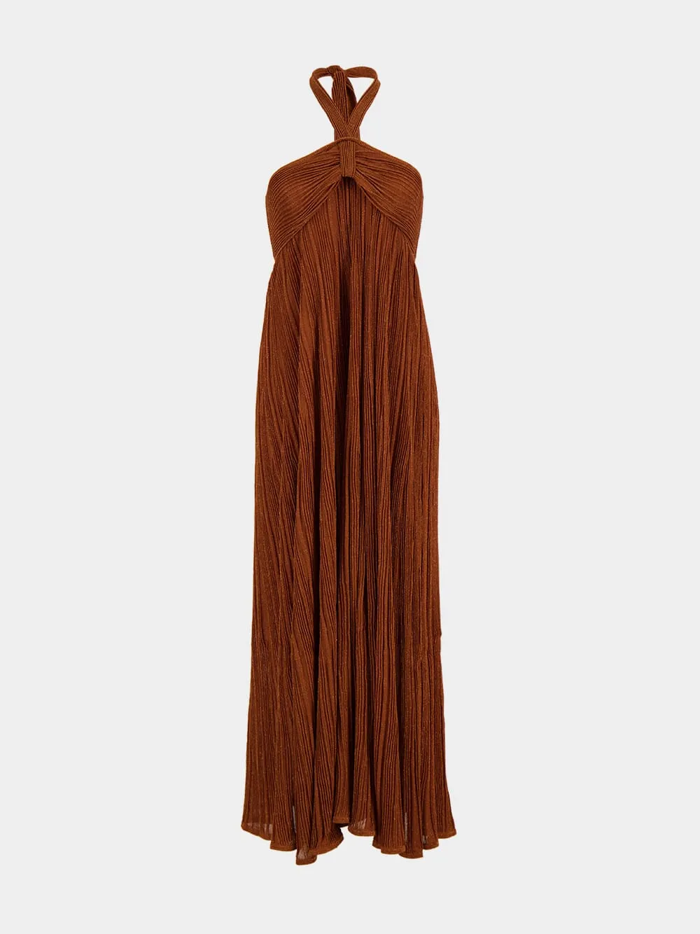 Metallic Tan Indra Halter Maxi Dress sold by Fashion Clinic