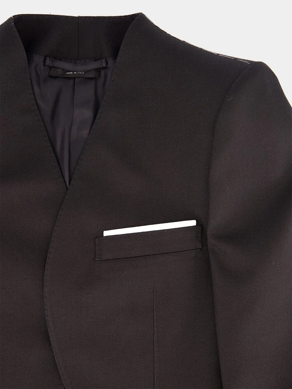 Black Collarless Sharp Wool Silk Panama Jacket sold by Fashion Clinic product image thumbnail 3
